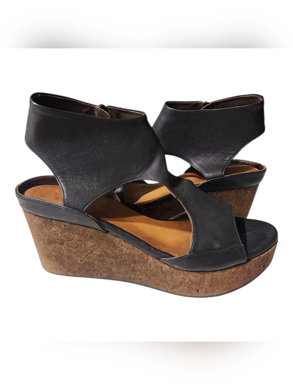 Coclico Italian Leather Black Cork Wedge Sandals – Handmade in Spain Size 40